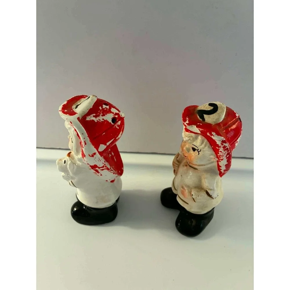 Vintage Japan Salt & Pepper Shakers Set Red Firefighter Boy & Girl Figurines